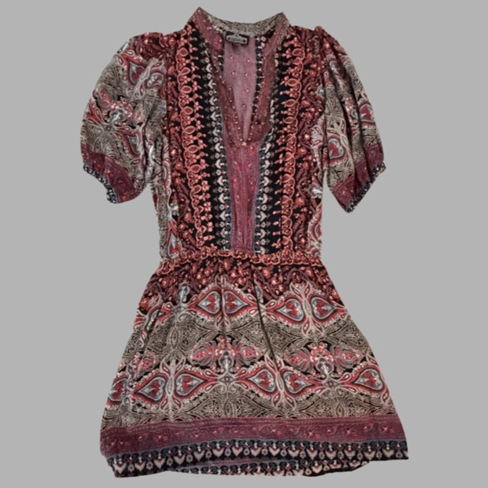 Angie Burgundy Paisley Boho Mini Dress Puff Sleeve V-Neck Rayon Size Small